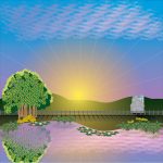 lake and farmhouse drawing